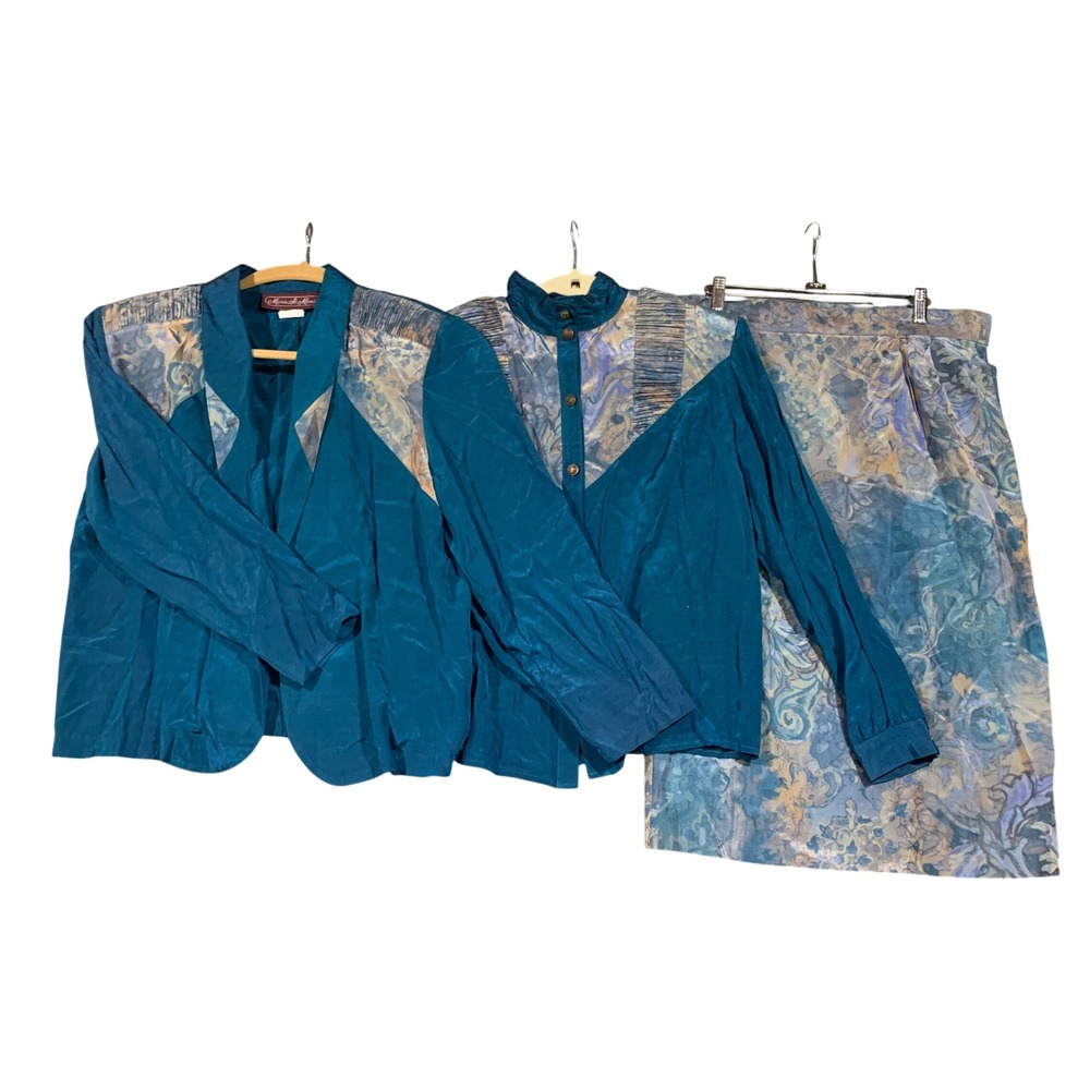 Marie St Monet Skirt Suit Women 12/14 Teal 3pc Blazer Blouse Skirt 80s VTG USA